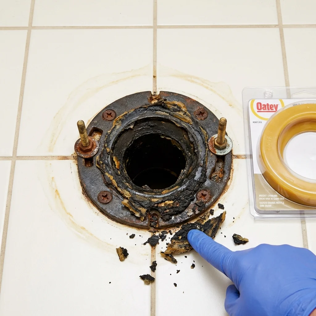 Failed wax ring showing water seepage at the base of a toilet in a Clayton, NY home