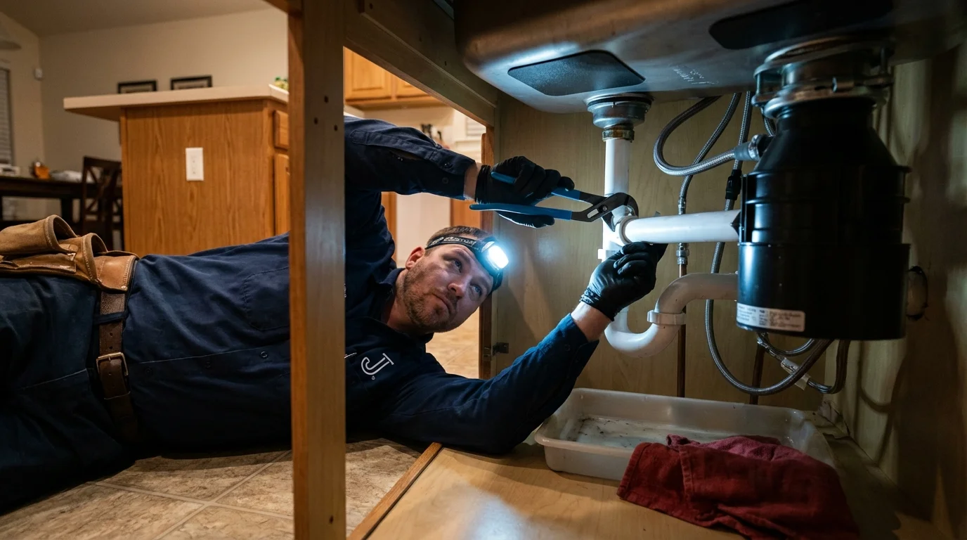 P-trap and supply line connections under a kitchen sink showing a common leak point in Clayton, NY